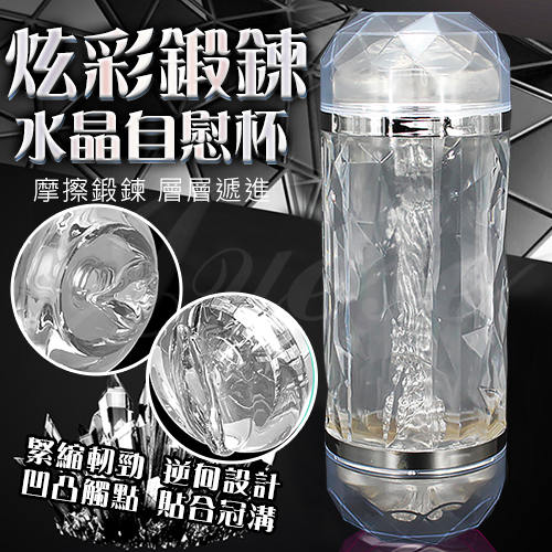 炫彩鍛鍊 凹凸觸點水晶透明雙頭自慰杯-透明色(陰唇+口交)-特
